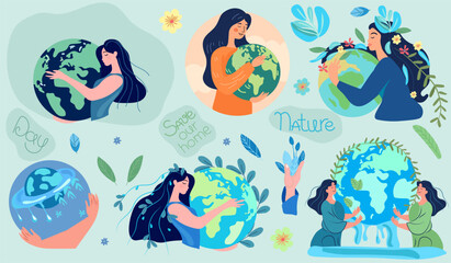 Hands cradling the globe, expressing a profound respect and care for Mother Nature. A visual representation of the pressing issues of global warming and climate alteration. Vector.
