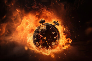 burning alarm clock on black background with large numbers and hot particles is perfect for illustrating the concept of time pressure and approaching deadlines. AI Generative.