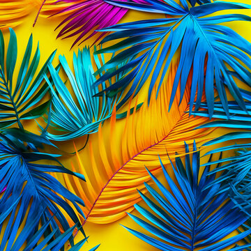 Tropical palm leaves, colorful bright color illustration, Generative AI