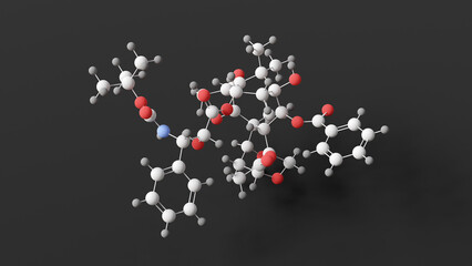 docetaxel molecule, molecular structure, taxotere, ball and stick 3d model, structural chemical formula with colored atoms