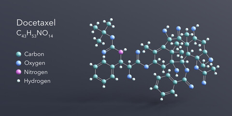 docetaxel molecule 3d rendering, flat molecular structure with chemical formula and atoms color coding