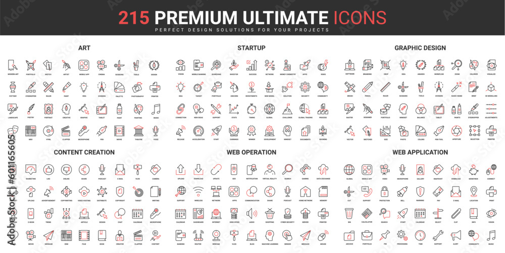 Leinwandbilder art creation and startup, entertainment thin line red black icons set vector illustration. abstract 
