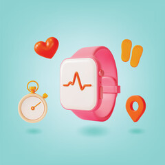 3d Fitness Bracelet Electronic Gadget for Sports Concept Cartoon Style. Vector illustration of Smart Watch Pulse Heart