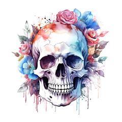 Watercolor skull with flowers. Illustration AI Generative.