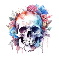 Crédence de cuisine en verre imprimé Crâne aquarelle Watercolor skull with flowers. Illustration AI Generative.