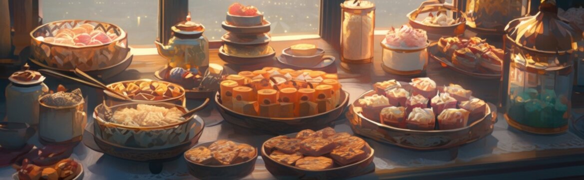 A display case filled with lots of different types of food. Generative AI image.