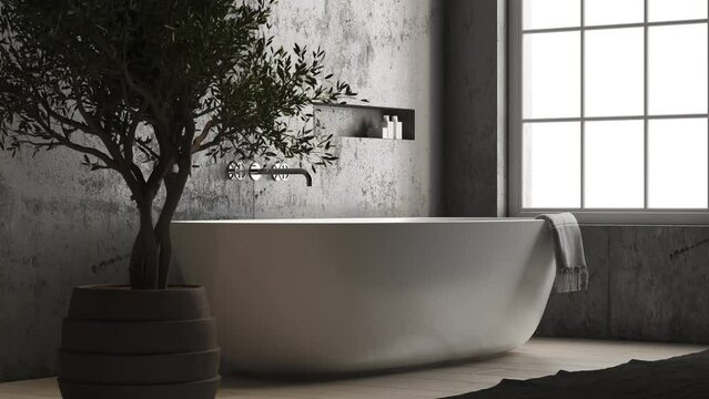 3d illustration of modern bathroom with concrete walls. It has a large window through which natural light enters over a white bathtub and a small tree. Wooden floor with black carpet.