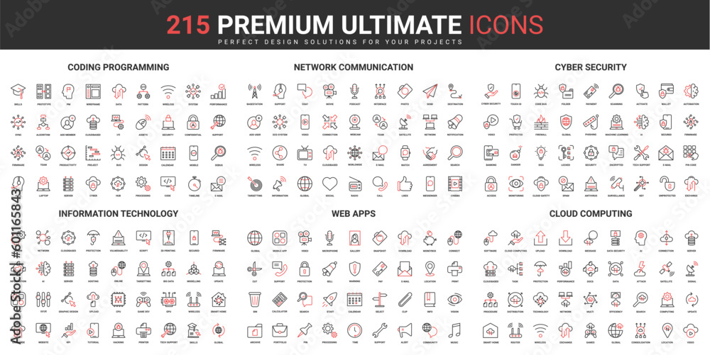 Poster Network communication, cyber security thin line red black icons set vector illustration. Abstract symbols of programming, information technology, cloud computing simple design for mobile, web apps