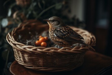 A young bird in a basket for Easter festivities. Generative AI