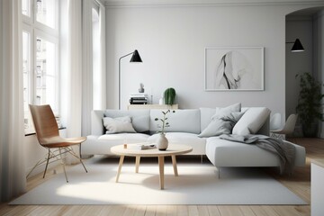 Modern white living room with Scandinavian design featuring a comfortable sofa. 3D rendering. Generative AI