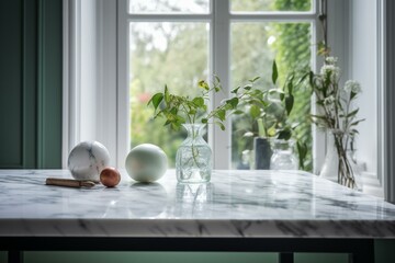 White marble table in hazy interior with window view of green garden. Minimalistic. Perfect for showcasing items. Generative AI