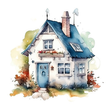 Cute watercolor house. Illustration AI Generative.
