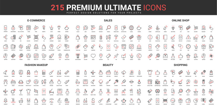 Online store sales and shopping color flat icons set vector illustration. Abstract symbols of fashion and beauty makeup cosmetic products, ecommerce simple design for mobile and web apps