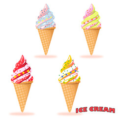 Ice cream in a waffle cone with different flavors cartoon style