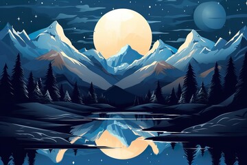Midnight at an alpine mountain range with the moon and stars in the background