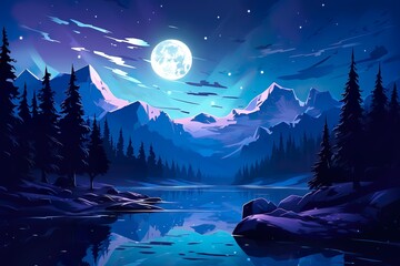 Midnight at an alpine mountain range with the moon and stars in the background