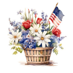 USA flag and flowers in basket. watercolor. Illustration AI Generative.