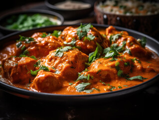 A close-up shot of a steaming plate of butter chicken, featuring tender chicken pieces smothered in a rich and creamy tomato-based sauce, garnished with fresh cilantro leaves. AI-generated image
