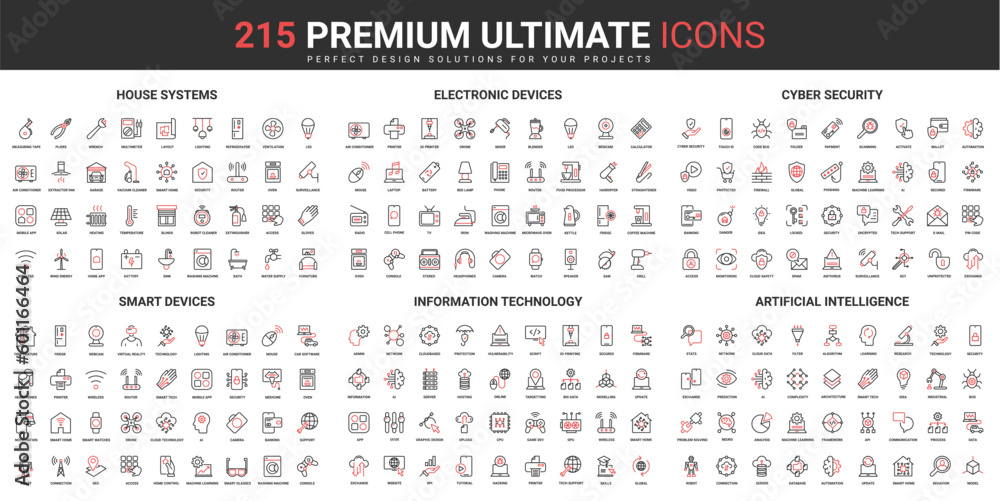 Aufkleber Smart home systems and devices, AI information technology thin line red black icons set vector illustration. Abstract symbols of artificial intelligence, cyber security simple design mobile web apps