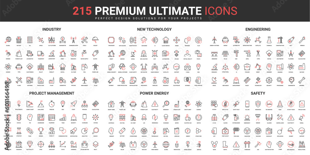 Poster industry and engineering, new technology, safety thin line red black icons set vector illustration. 
