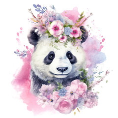 Watercolor panda with flower crown. Illustration AI Generative.