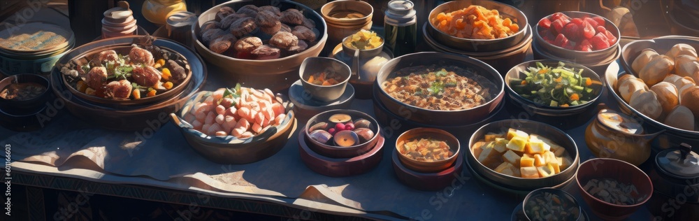 Poster a table topped with lots of different types of food. generative ai image.