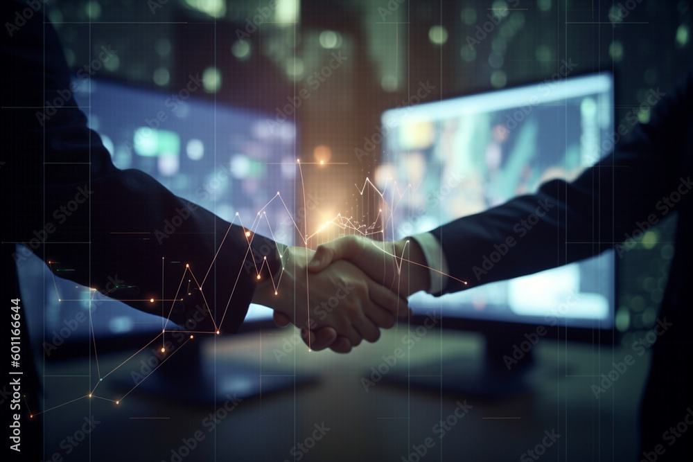 Poster two businessmen shaking hands in front of a computer screen displaying financial data, with bokeh li