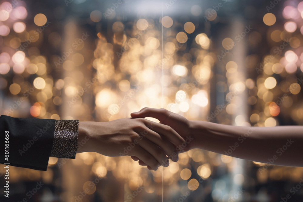 Poster a close-up of two hands shaking in front of a blurred background of a trading floor, with bokeh ligh