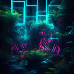 Geometric shapes in neon light in them background of ferns.