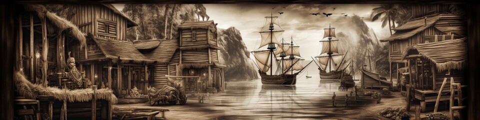 illustration, an old wooden scene like pirates, ai generative