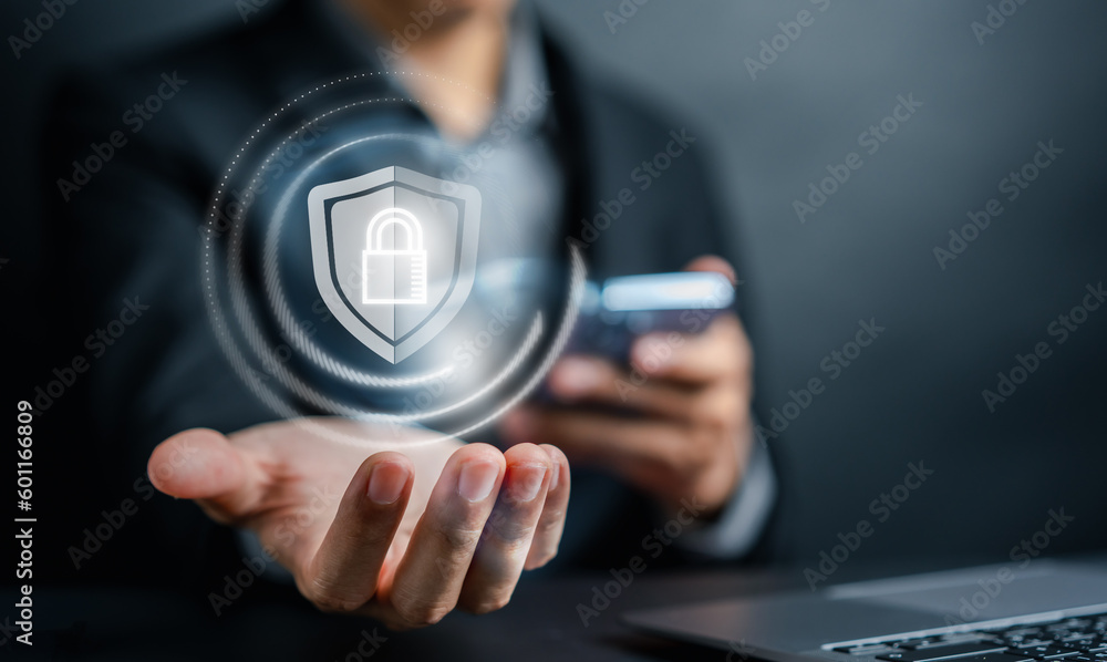 Poster Cybersecurity and privacy concepts to protect data. businessman with internet network security technology. Businessman locking personal data on smartphone. cyber security concept.