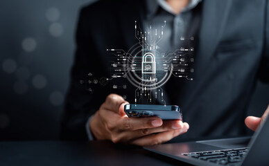 Cybersecurity and privacy concepts to protect data. businessman with internet network security technology. Businessman locking personal data on smartphone. cyber security concept.