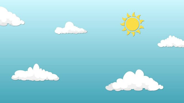 Animated background in cartoon style with a blue sky, white clouds, and sun.