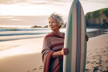 Middle-aged woman holding a surfboard on a beach, radiating vitality, optimism, health, and wellbeing, aging gracefully and embracing active lifestyle, generative ai