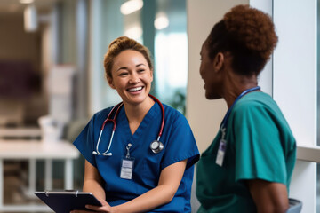 Candid shot of two nurses laughing and talking in a hospital, showcasing positivity, camaraderie among healthcare workers, generative ai - obrazy, fototapety, plakaty
