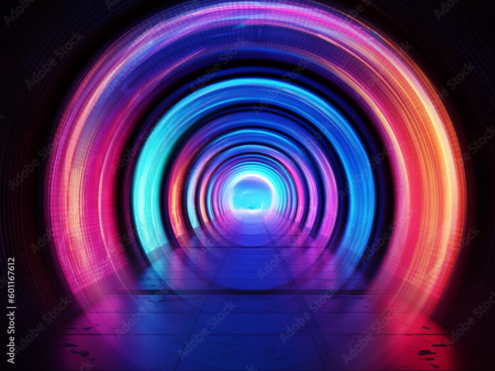 Poster dark tunnel at night. neon lights are reflected on the surface. generative ai