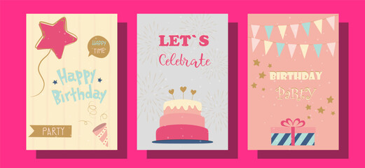 Birthday card. Greeting card. Invitation. Save the date. Festive decor. Cake, cupcake, candles, balloons, gifts