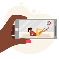 Vector illustration of a phone with a dark-skinned girl doing sports, which is held by the girl's hand. The concept of a healthy lifestyle, sports at home. Image for sports design, stickers, banners
