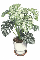 Tropical Monstera Deliciosa houseplant drawing. Generative AI illustration