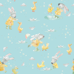 Cute watercolor children's illustration seamless pattern of bunny and duckling playing in the rain