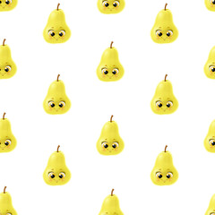 Seamless pattern from cute little cartoon emoji pear on white background
