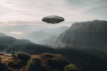 An unidentified flying object floats over a valley. Generative AI