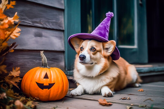 portrait of a corgi dog in a Halloween costume, sitting on the doorstep next to pumpkins. Halloween concept. The image was created by artificial intelligence.