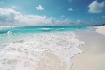 Beautiful sand beach with blue ocean. Generative AI illustration