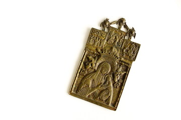 Fototapeta premium Vintage religion metal icon isolated on white background.