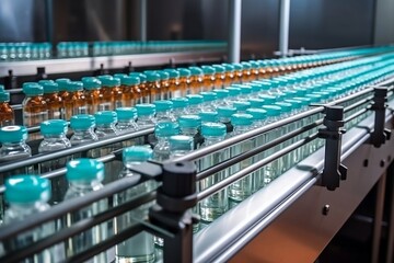Conveyor at a medical plant. Manufacture of medicines and vaccines. Generative AI.