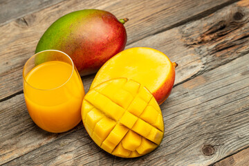 Healthy mango smoothie in a glass. Indian healthy ayurvedic cold drink with mango, Delicious breakfast or snack,