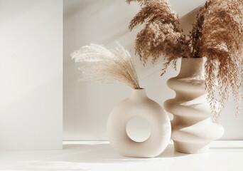 Modern beige ceramic vase set with dry  grass and sunlight shadow on white table .Copy space, ...