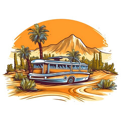 illustration of a bus r with palm trees on white background Generative AI