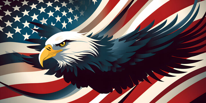 Wavy American flag with an eagle. Generative AI 